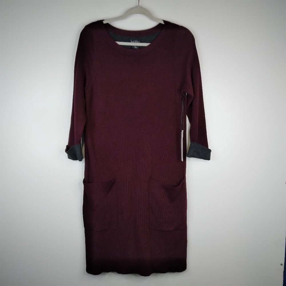 Nicole Miller Burgundy Front Pockets Sweater Dress Size L. NWT